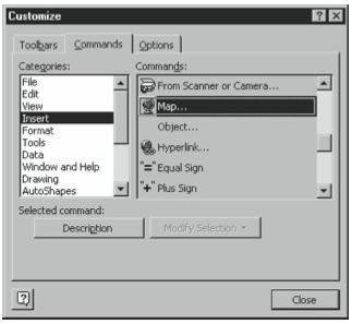 Figure 3-26. The Commands tab of the Customize dialog box.