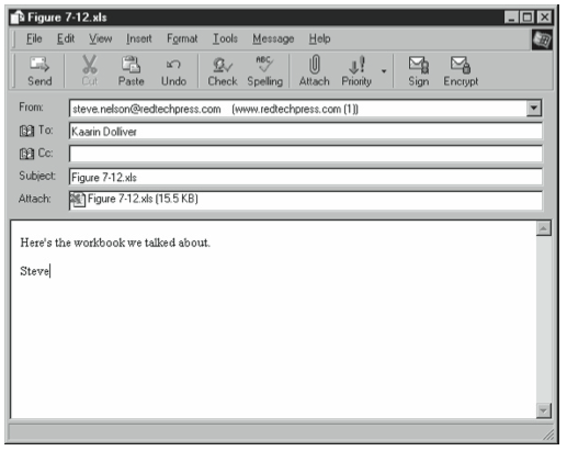 Figure 7-12. The Outlook Express message window with an Excel workbook attachment.