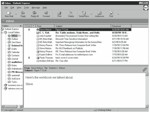 Figure 7-13. The Outlook Express Inbox folder showing incoming messages.