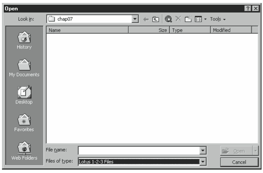 Figure 7-8. The Open dialog box with the Files Of Type list box indicating the Lotus 1-2-3 Files will be opened.