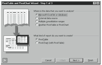 Figure 8-2. The first step of the PivotTable And PivotChart Wizard.