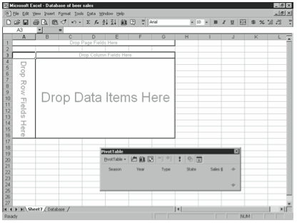 Figure 8-3. The new, empty PivotTable and the PivotTable toolbar.