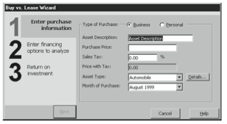 Figure 9-9. The first Buy Vs. Lease Wizard dialog box.